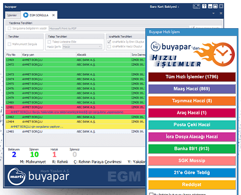 buyapar EGM sorgu penceresi ve buyapar'dan Hızlı İşlemler paneli