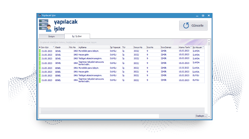 icraMatik yapılacak işler ve iş atama listesi ekranı