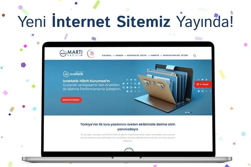 Yeni Martı Yazılım internet sitesinin bir dizüstü bilgisayarda gösterildiği tanıtım görseli